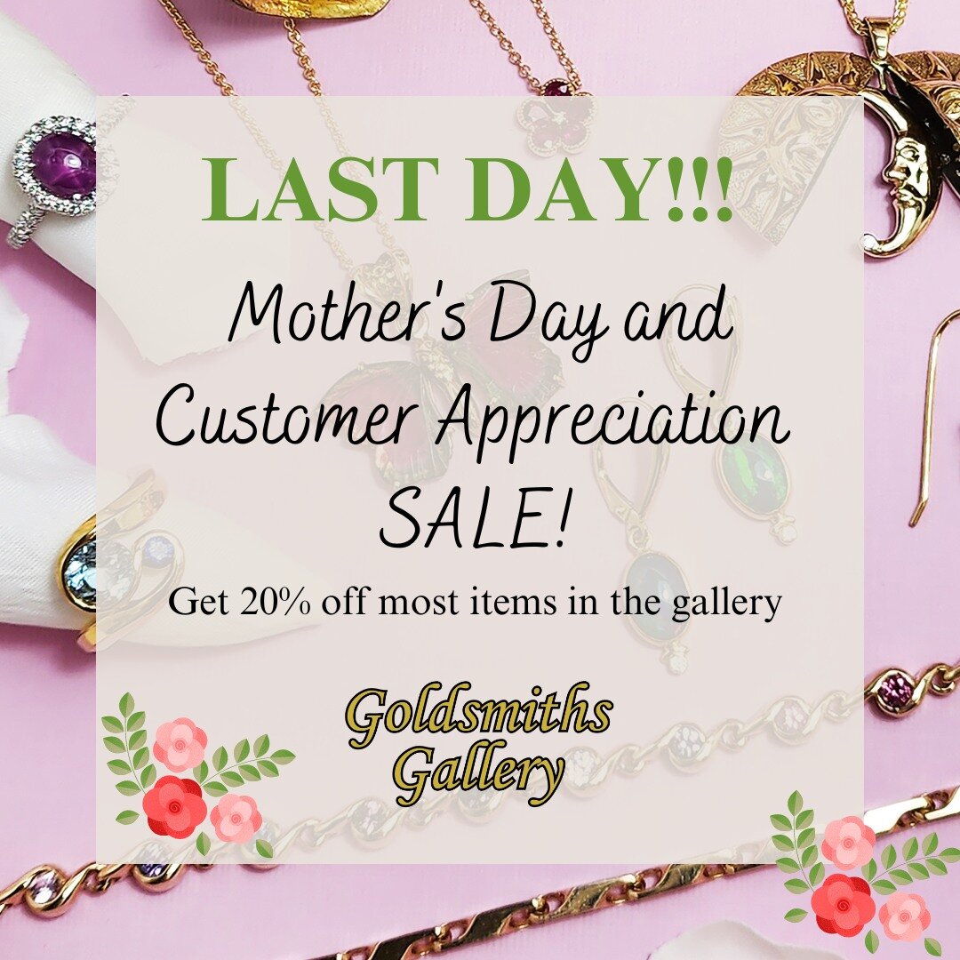 LAST DAY! Shop our Mother's Day and Customer Appreciation sale before we sell out! We're open today until 4pm. 

#JewelrySale #finejewelry #concordnh #gemstones #diamondjewelry #goldjewelry #silverjewelry #OpalJewelry #rubyjewelry #rings #bracelets #