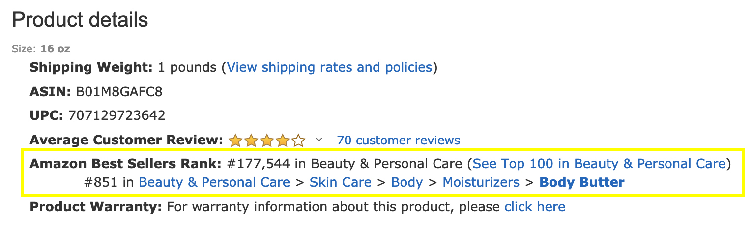 Product details with sales rank