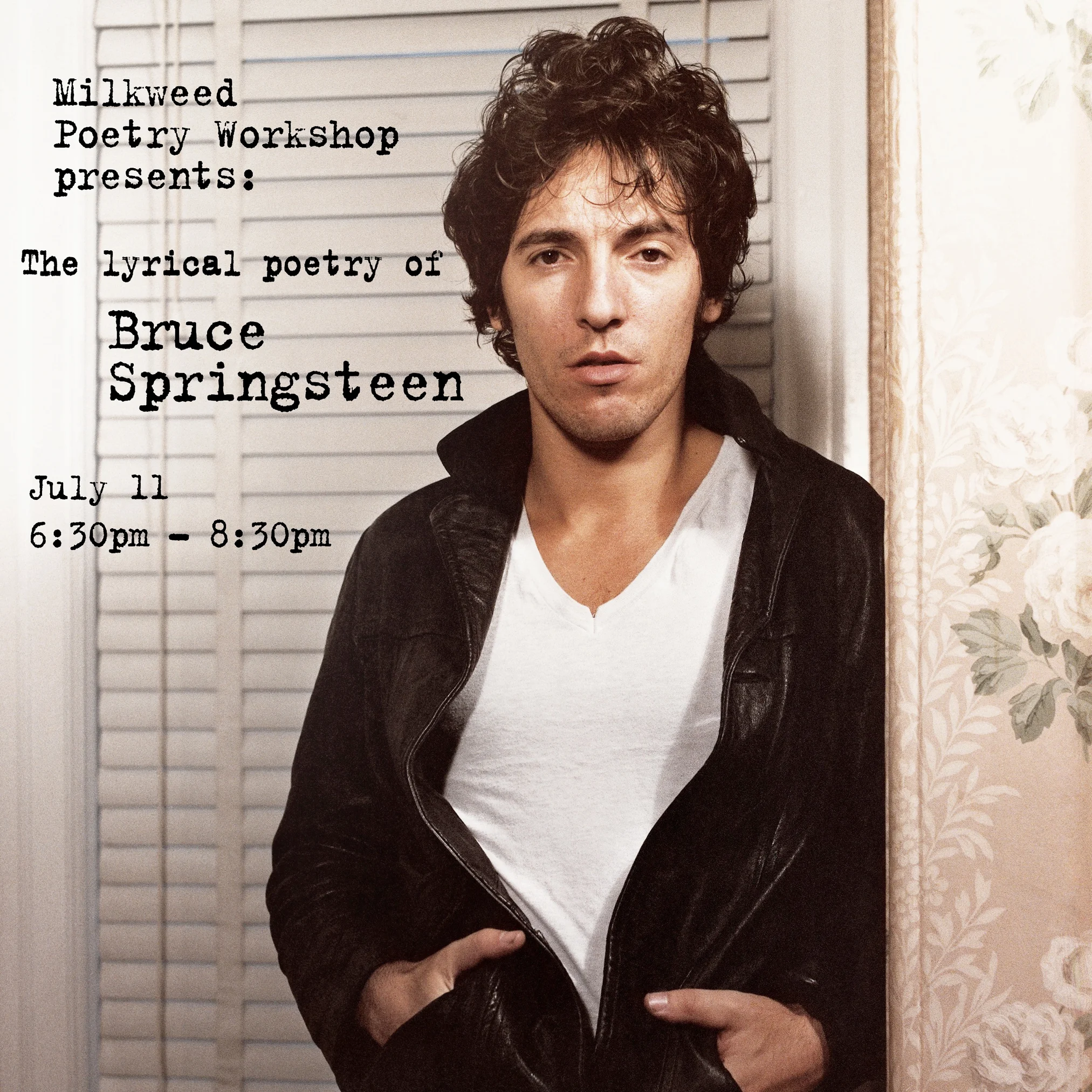 A promotional image using the cover of Darkness on the Edge of Town for Milkweed’s Bruce Springsteen night, July 11, 2018.