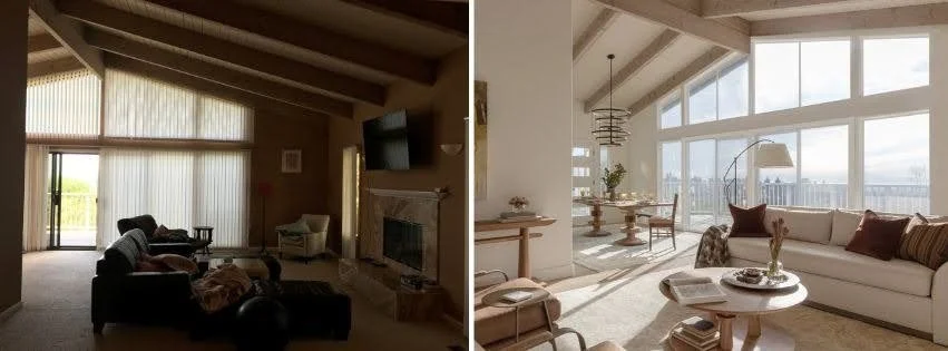 Before and after photos of a vaulted living room renovation showing updated finishes and lighting by Lane McNab Interiors