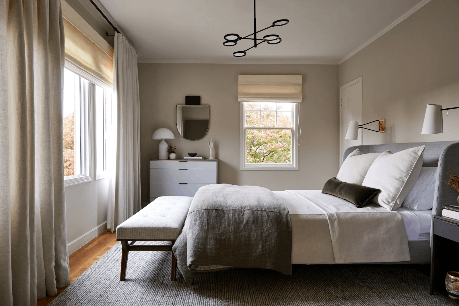 Berkeley Spanish Cottage bedroom featuring modern lighting