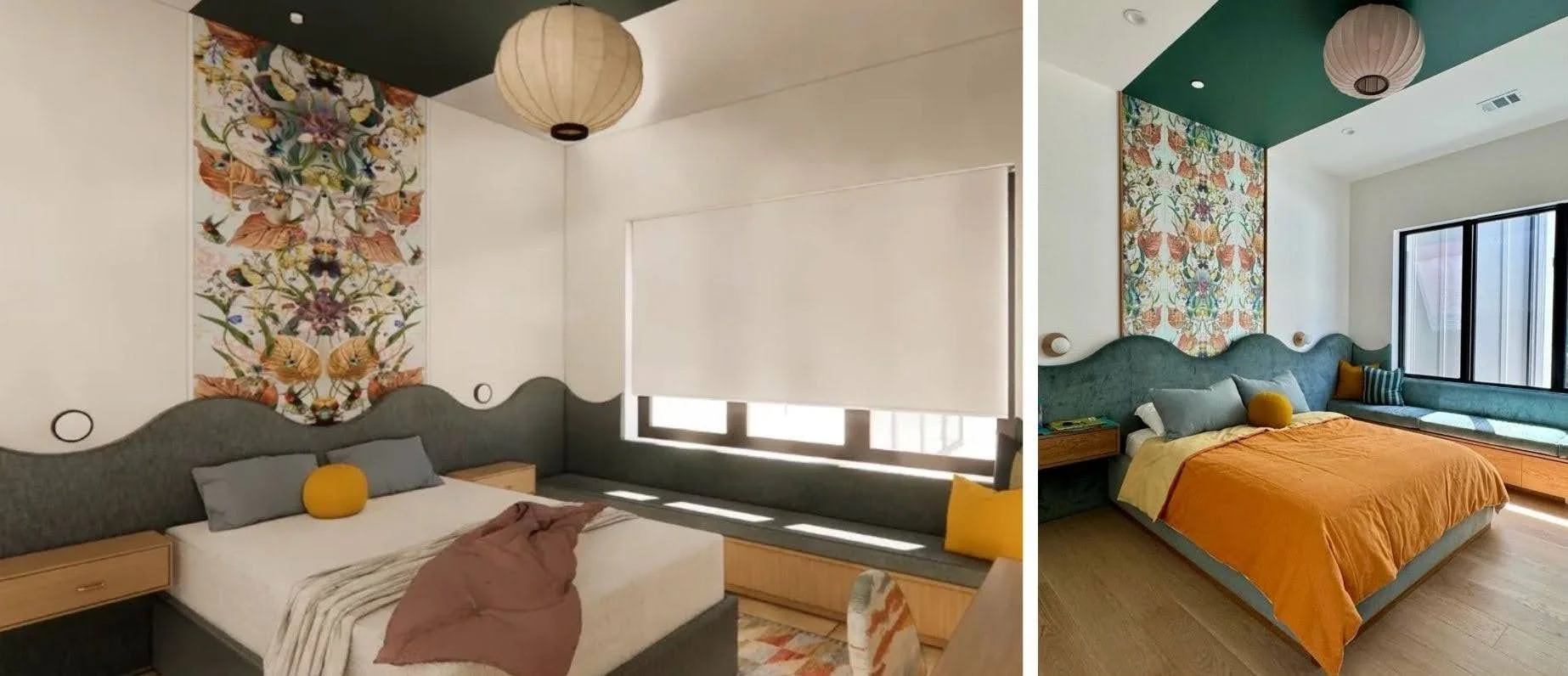 Side-by-side comparison of a 3D rendering and the finished bedroom, showing a wavy upholstered headboard wall, botanical wallpaper panel, green ceiling, paper lantern pendant and built-in window seat