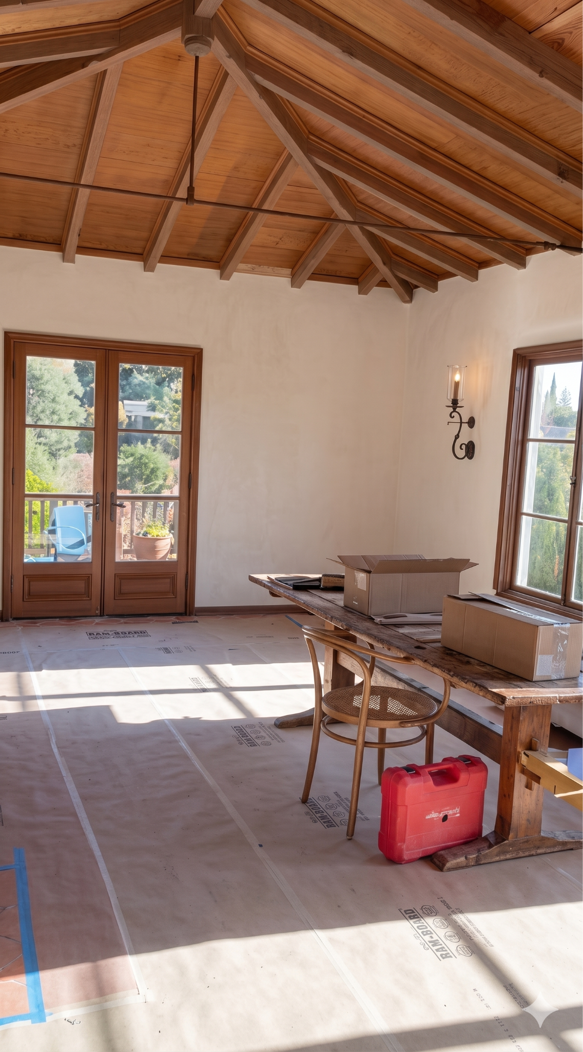 Wood ceiling lighting detail in a Spanish Mediterranean home.