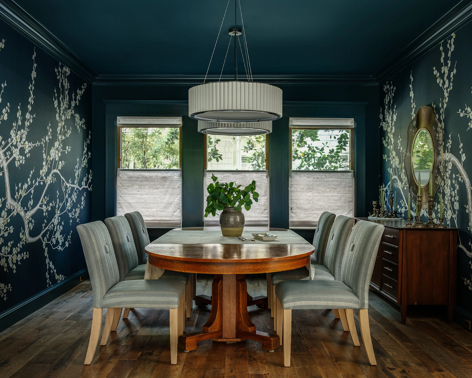 Palo Alto Craftsman dining room with original growth reclaimed white oak flooring, custom hand-painted cherry blossom mural wallpaper, and Farrow & Ball Hague Blue walls