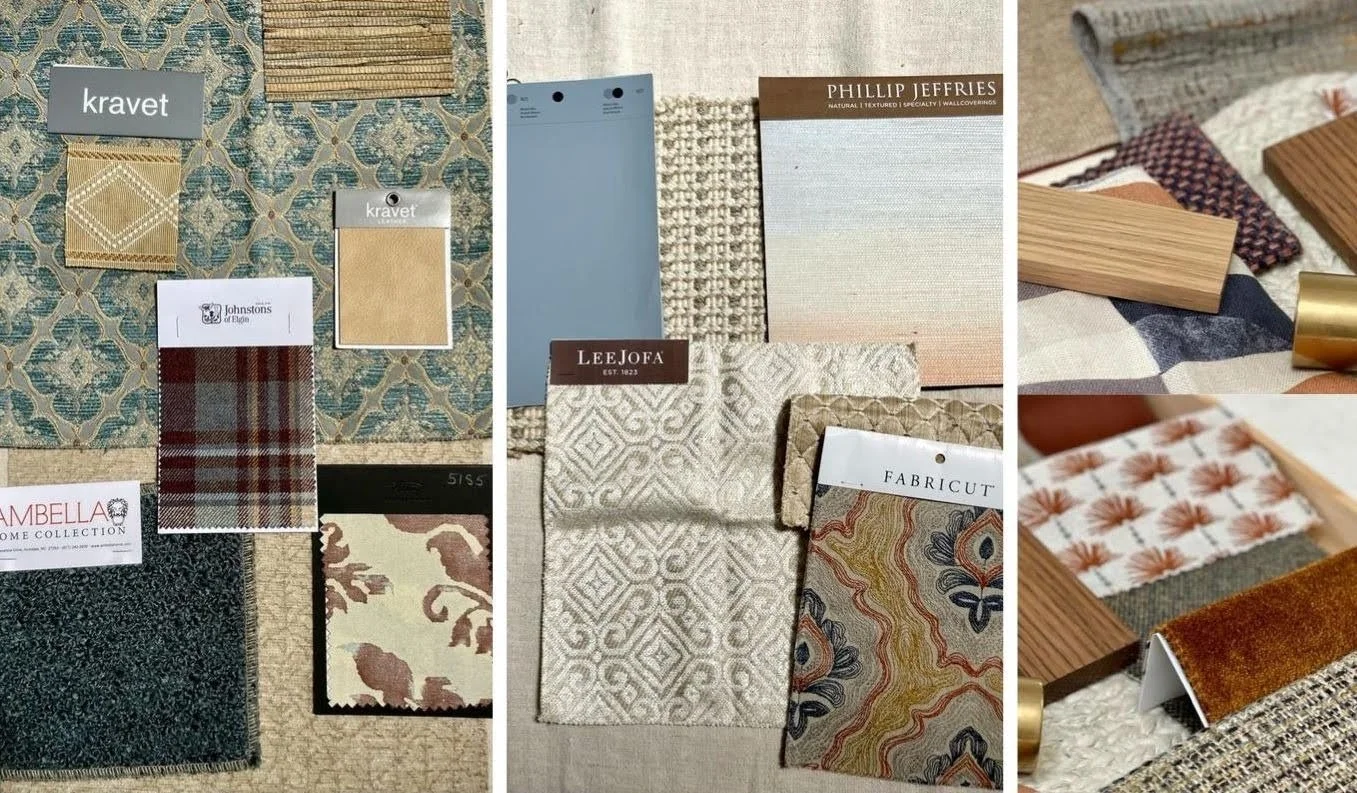 Interior design sample boards with fabrics from Kravet, Lee Jofa, Fabricut, Johnstons of Elgin and Ambella, Phillip Jeffries wallcovering, a blue paint swatch, wood finish blocks and brass hardware