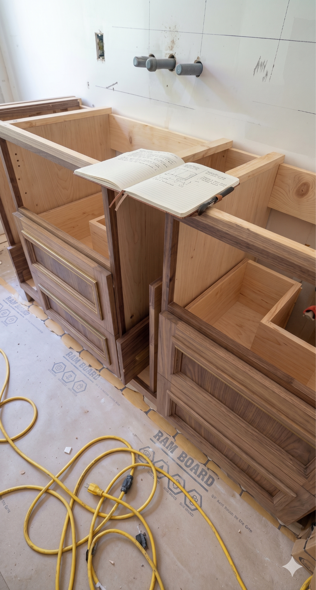 In-progress kitchen cabinetry during a Spanish Mediterranean home renovation.