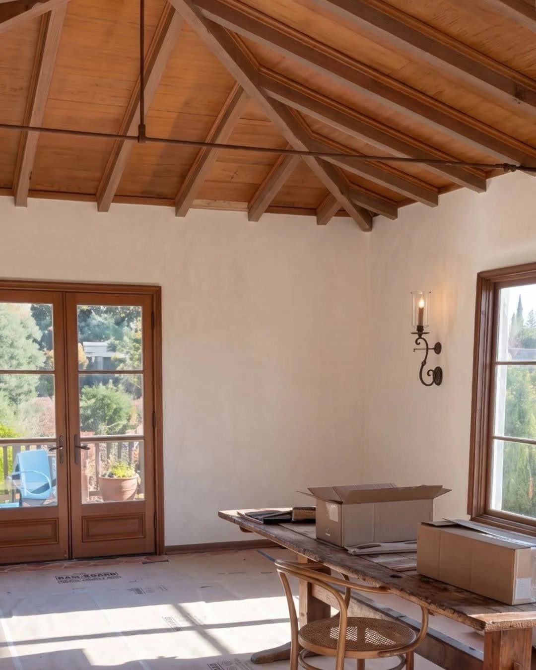 Restored wood ceiling with exposed trusses and iron tie rod, plaster walls, wrought iron sconce and wood French doors to a garden