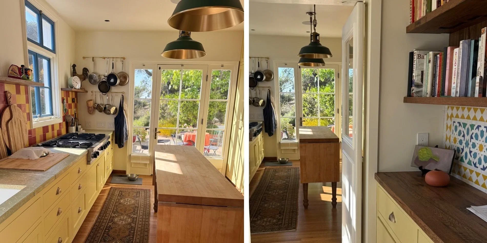 Kitchen with yellow cabinets, butcher block island, green and brass pendants, patterned tile and French doors opening to a garden