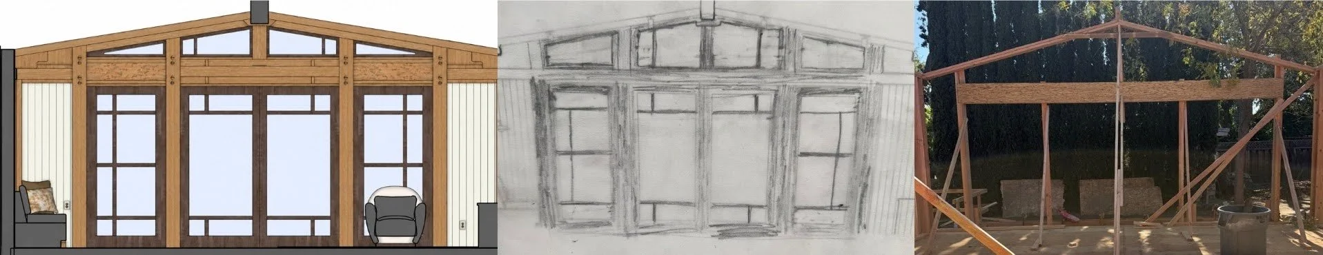 Three stages of a Craftsman great room wall of doors: color rendering, pencil sketch and on-site wood framing