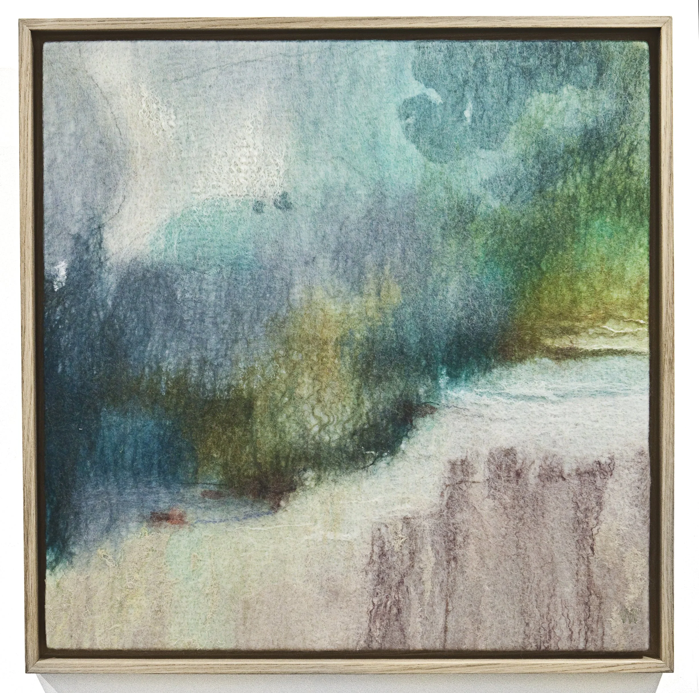 WET SANDS - medium size semi-abstract waters edge vista in blues, greens and creams