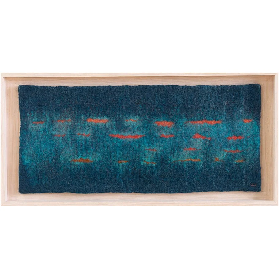 SOUND WAVES #16 - Line & edge fibre art in turquoise blue & hints of orange