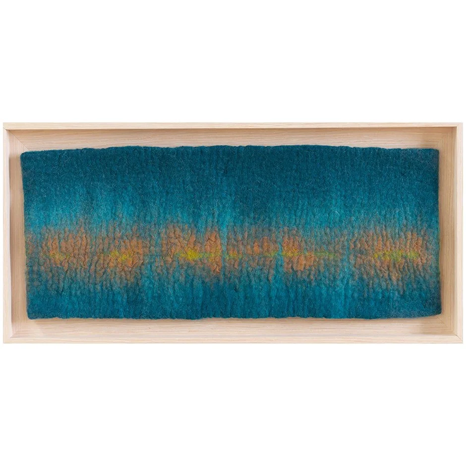 SOUND WAVES #14 -Line & edge fibre art wall piece in turquoise blue and yellow accents