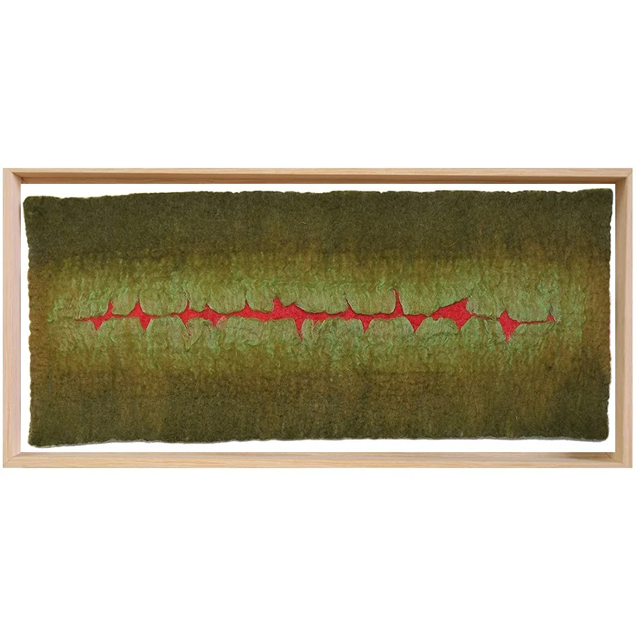 SOUND WAVES #8 - Line & edges fiber art in olive green and cerise pink