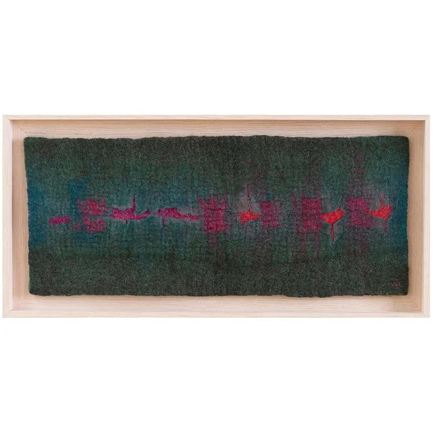 Sound Waves #15 - Line & edge fibre art in forest green and accents of red and pinks