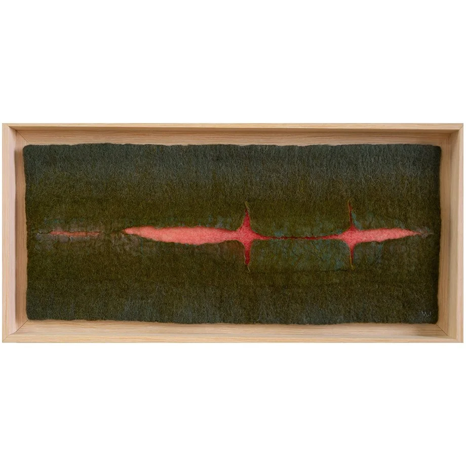 SOUND WAVES #5 - Line & edges fiber art in olive green and coral