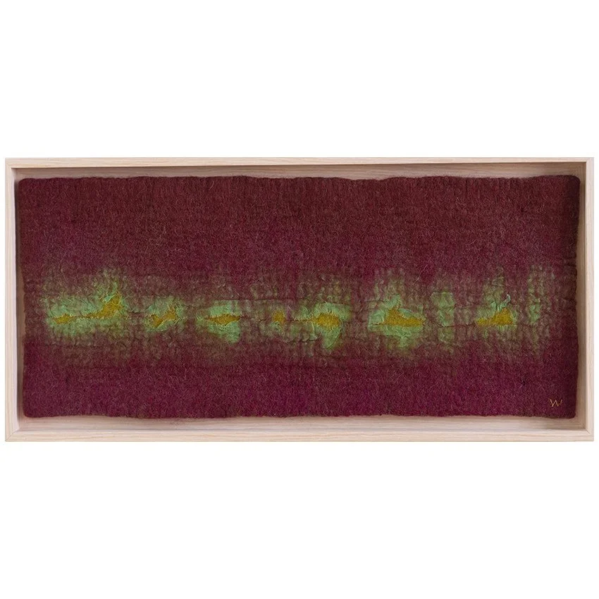 SOUND WAVES #18 - Line & edge fibre art wall piece in burgundy red with accents of green and yellow