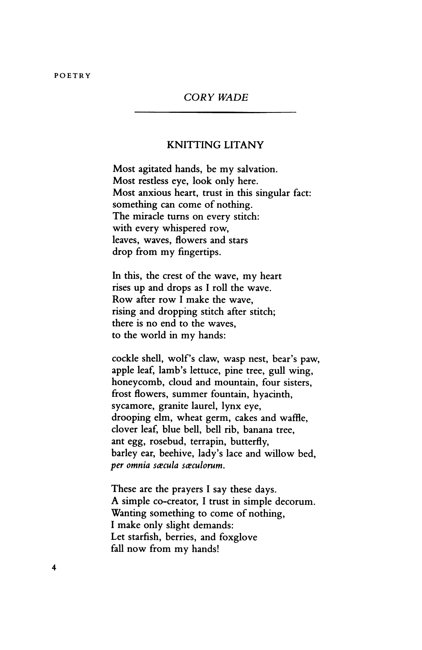 Poem,   Knitting Litany   ,  from the October 1990 issue of  Poetry  magazine.