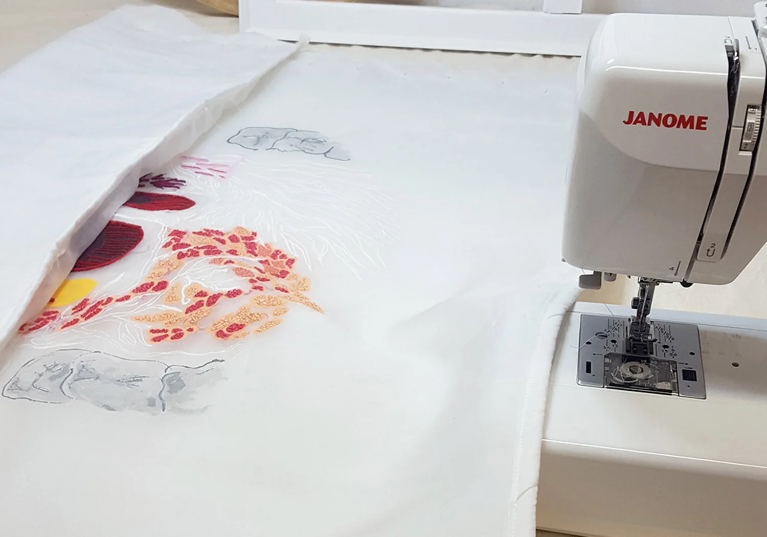 Sewing the layers of fabric together 