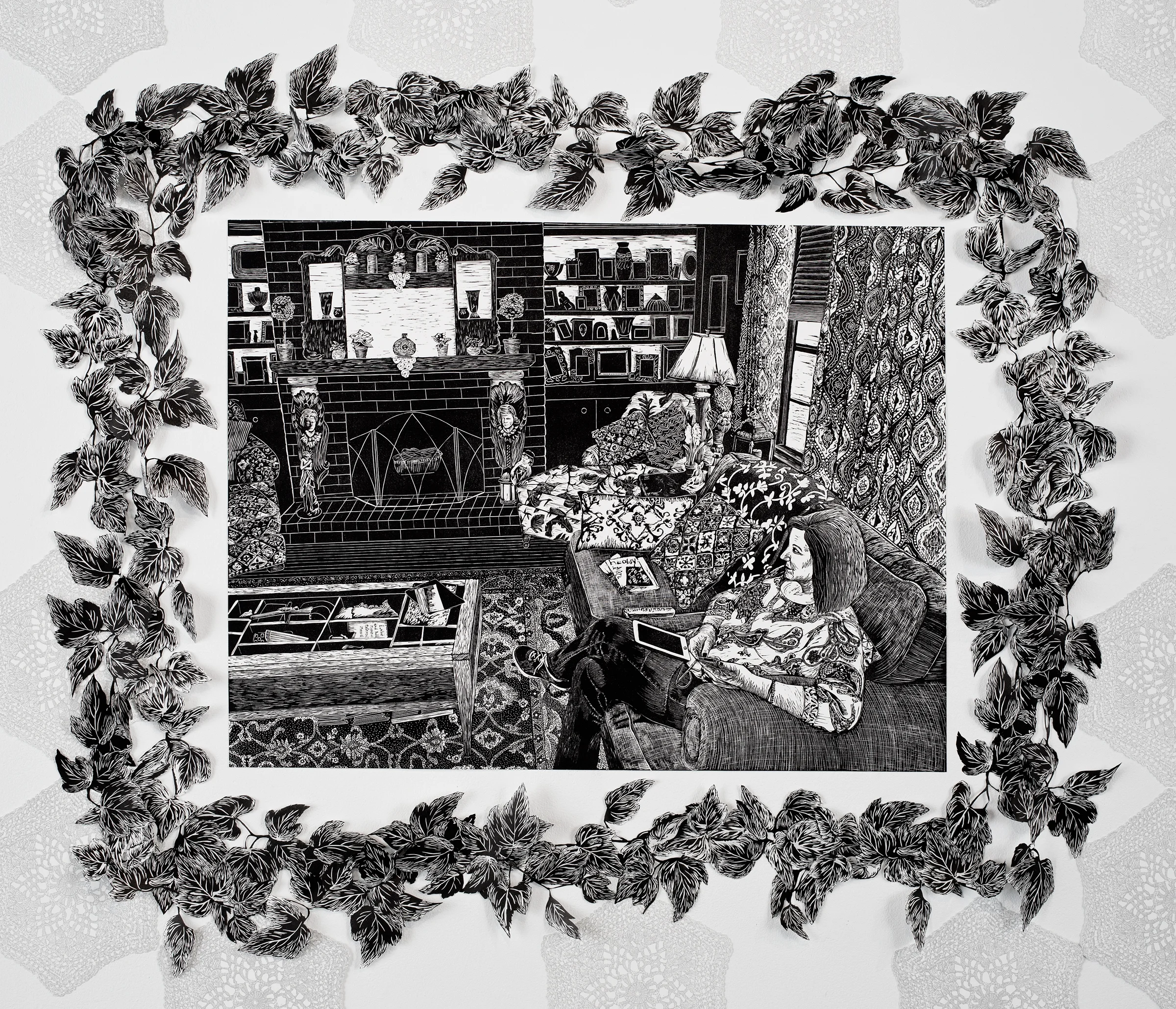 "Sentimental Surroundings of Mom", linoleum relief, 24x32. Vines surrounding are linoleum relief print and cut out with Xacto.
