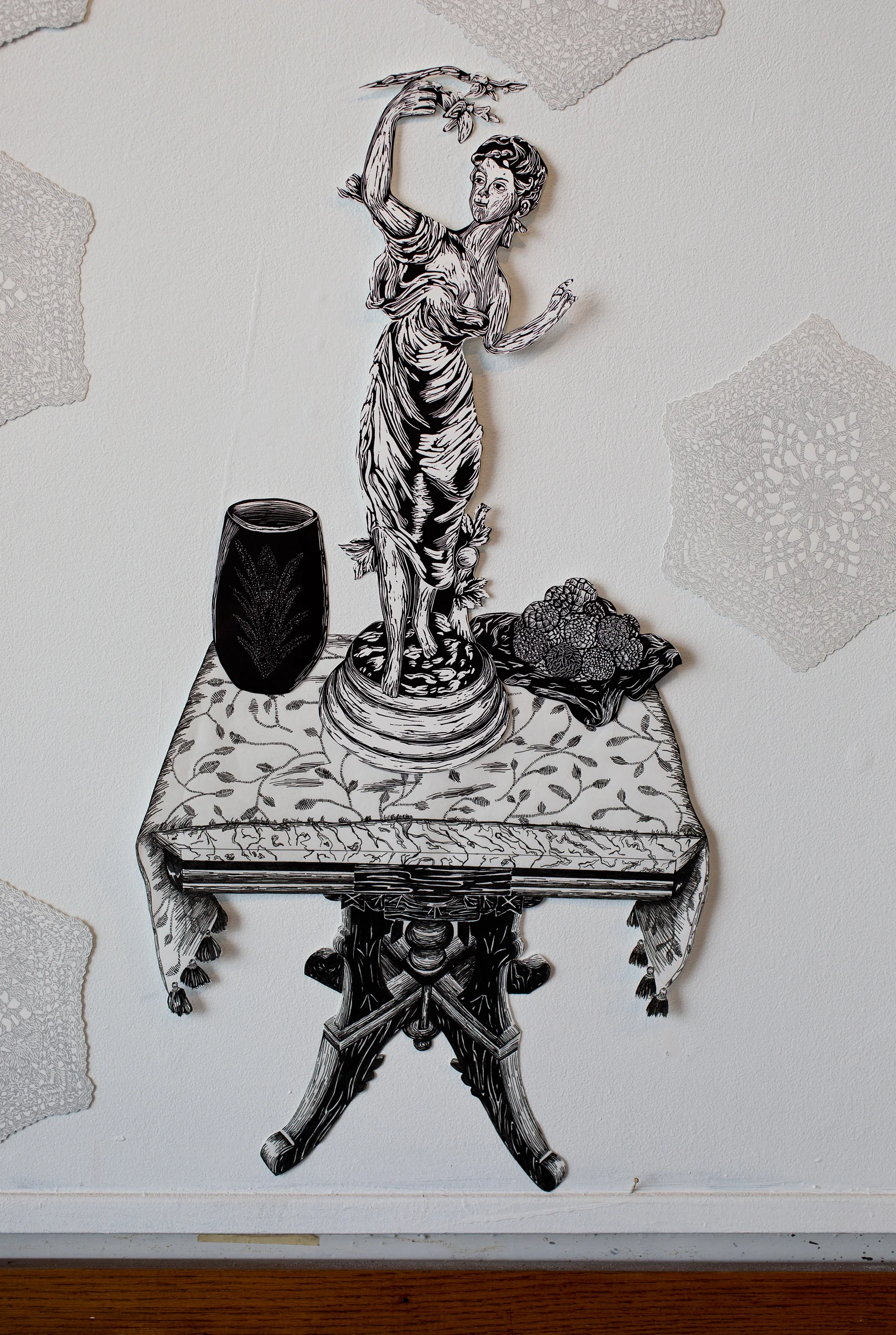 "Wooden Spring Table", table is pen drawing, objects are linoleum relief, 16x28. Each piece is hand cut out with Xacto.