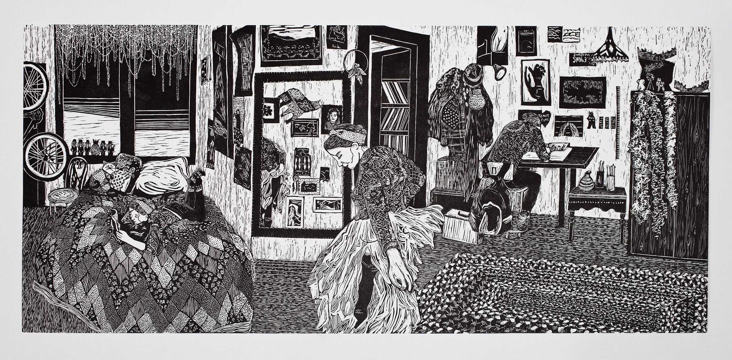 "Vivacious Verne", linoleum relief, 16x36