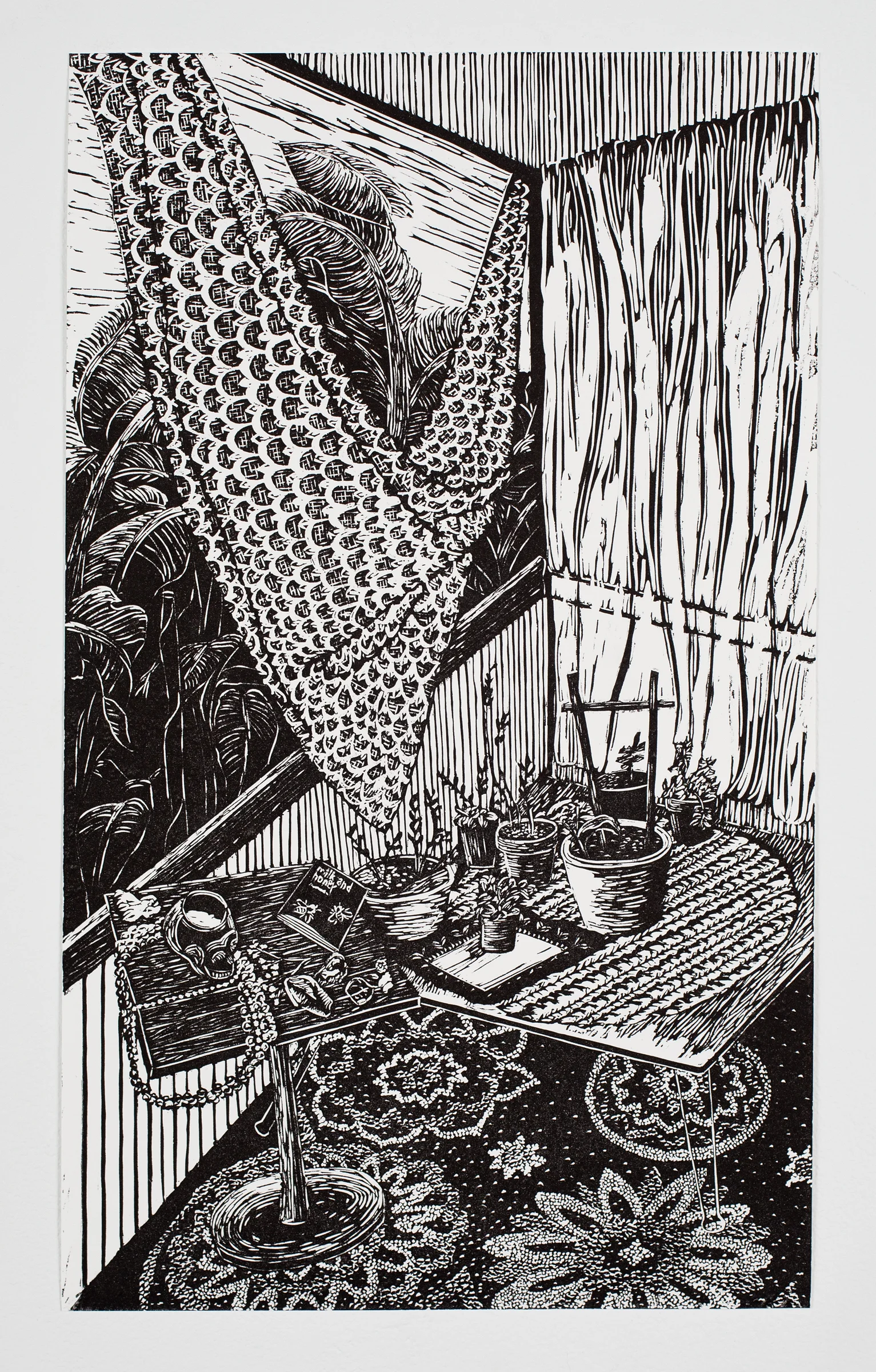 "Corner of Sunroom", linoleum relief, 11x18 1/2