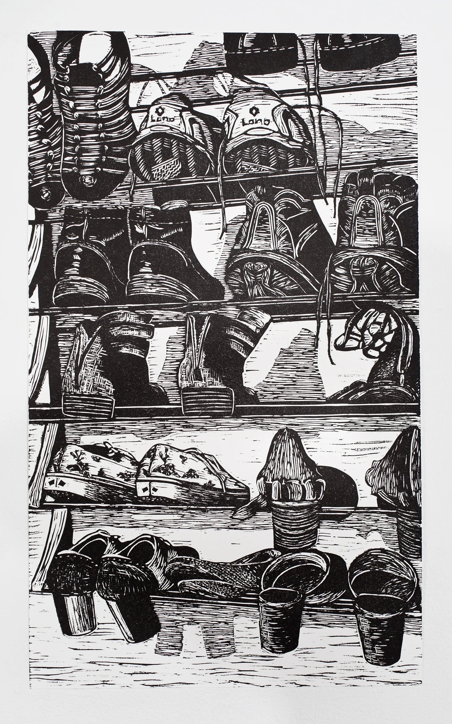 "Shoe Cascade", linoleum relief, 11x 18 1/2