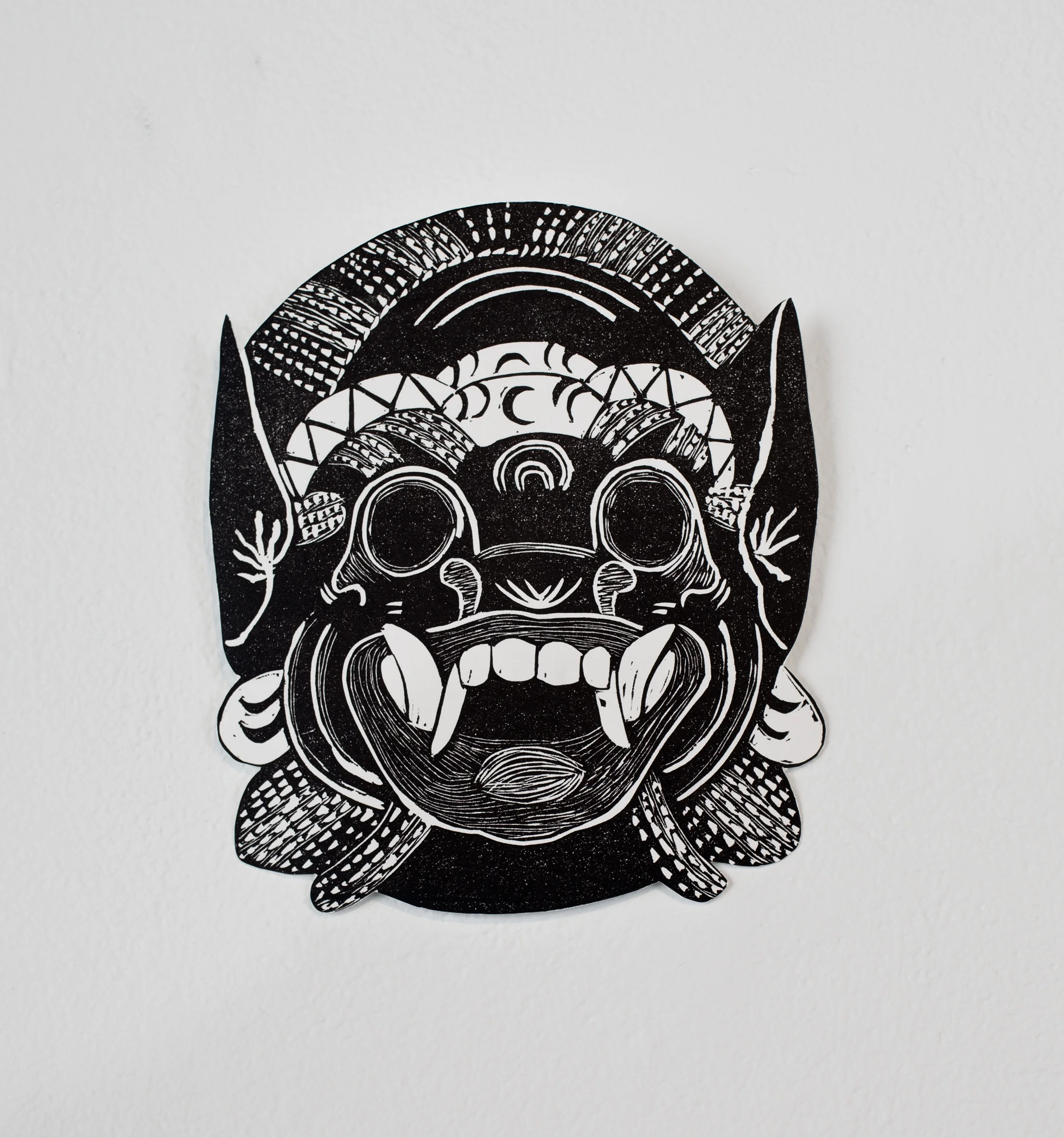"Barong Mask", linoleum relief, 5x6