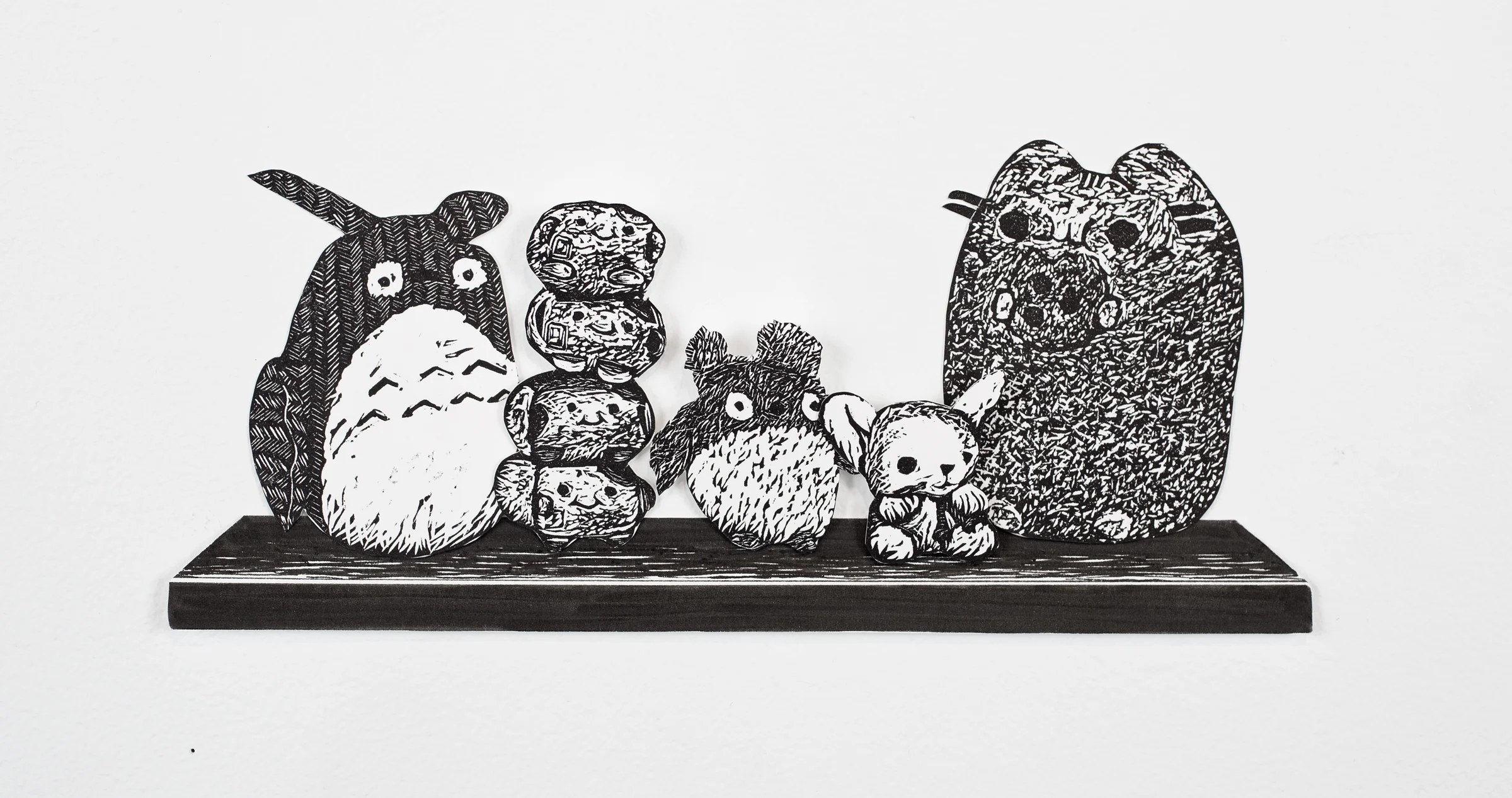 "Stuffed Animals on Shelf", shelf is pen drawing, objects are linoleum relief, 4x7. Each piece is hand cut out with Xacto. 