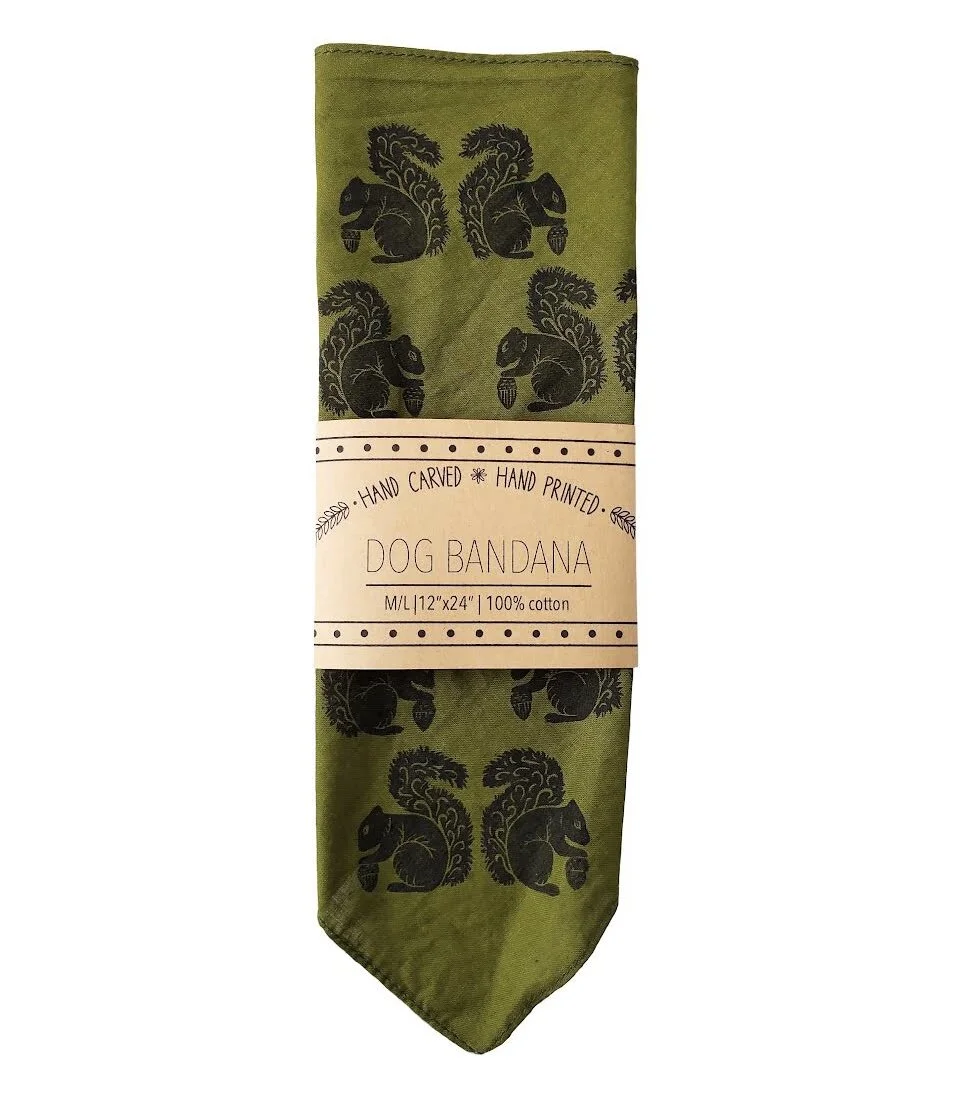 Dog bandana with block printed squirrel pattern.