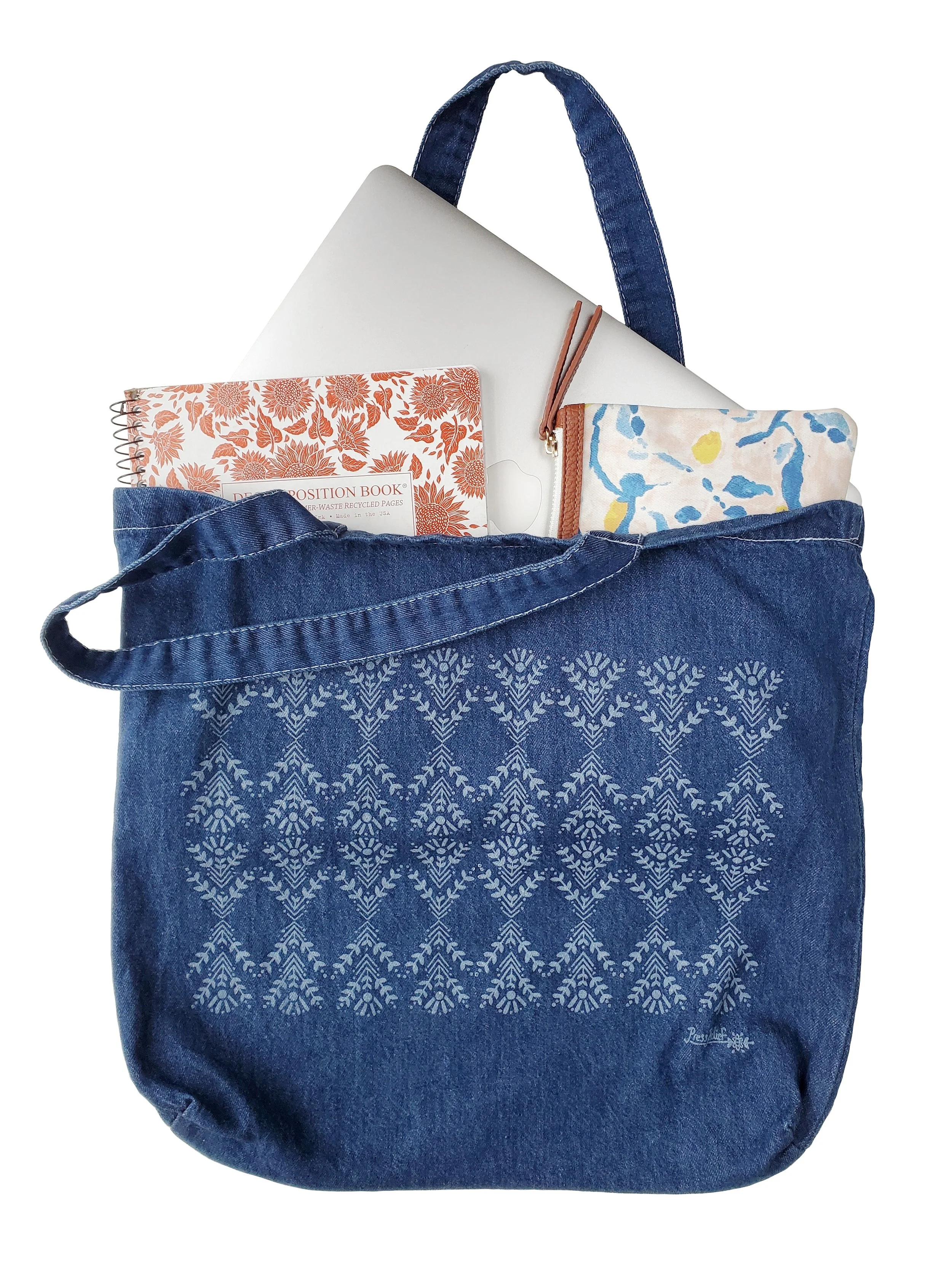 Floral block printed denim tote bag reusable denim bag Press