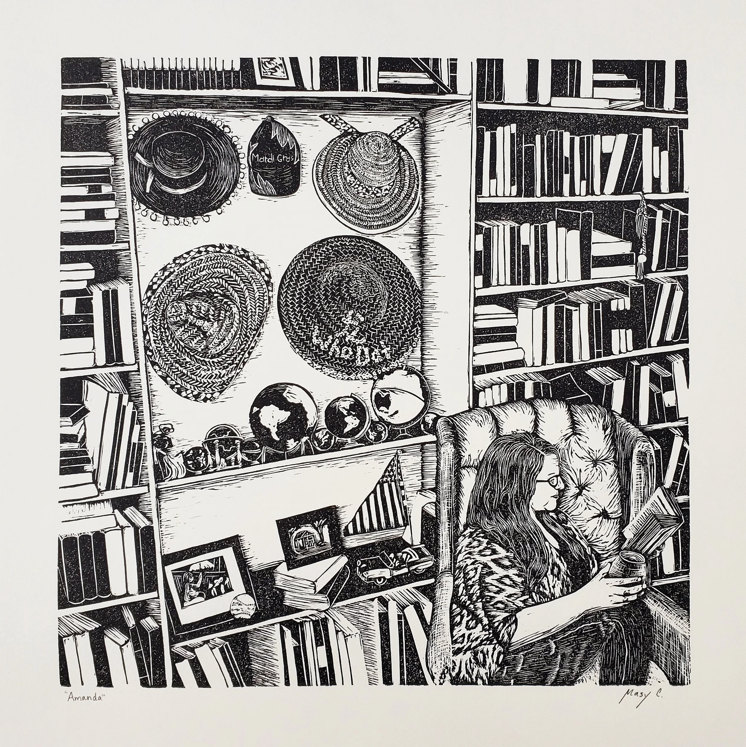 Interior portrait of reader in home library that is block printed on paper.