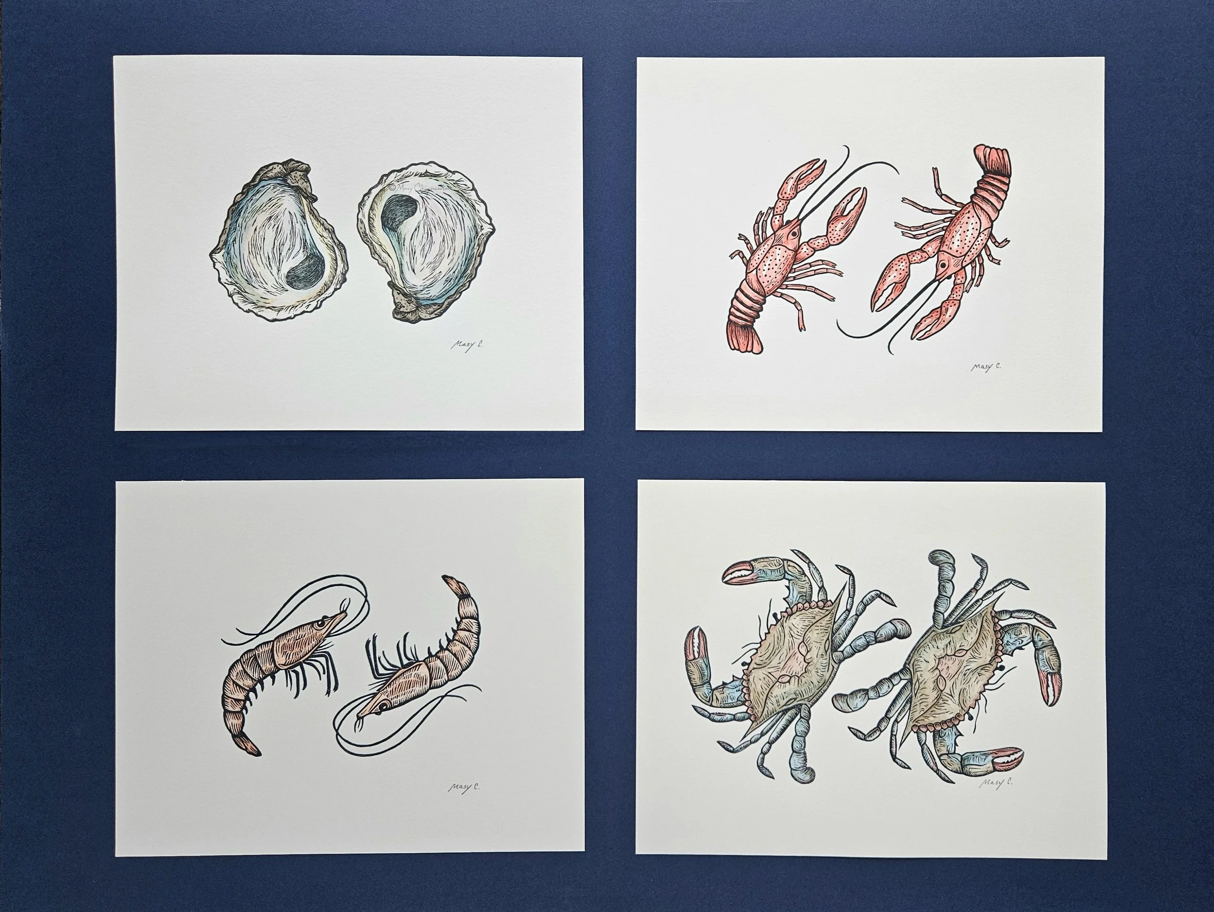Seafood series of original block prints with oysters, crawfish, shrimp, and crabs. Printed in dark gray ink and watercolored on off white paper. ©Masy Chighizola