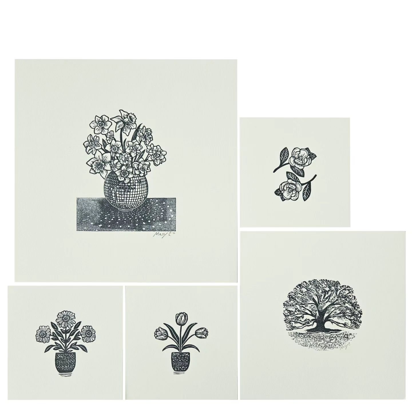 The mini print series is growing 🤗
.
.
.
#miniart #tinyart #miniprint #reliefprint #handcarvedstamp #blockprint #blockprinted #linogravure #lino #linoprint #tulipart #zinnia #oaktree #treeart #discoball #discoballdecor #magnolia #linocut #mymeaningf