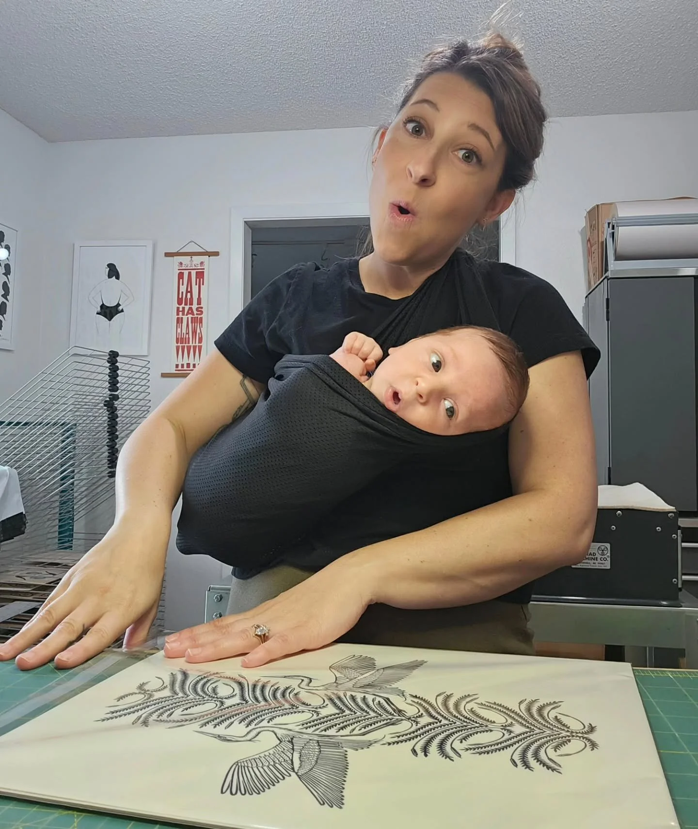 Studio life looks a little different these days but I'm back (kind of)&mdash;lots of baby snuggles, slower pace, and surprise faces all around. Grateful to be back at it and so thankful for your continued support ❤️
.
.
.
#printmaking #newmomlife #li