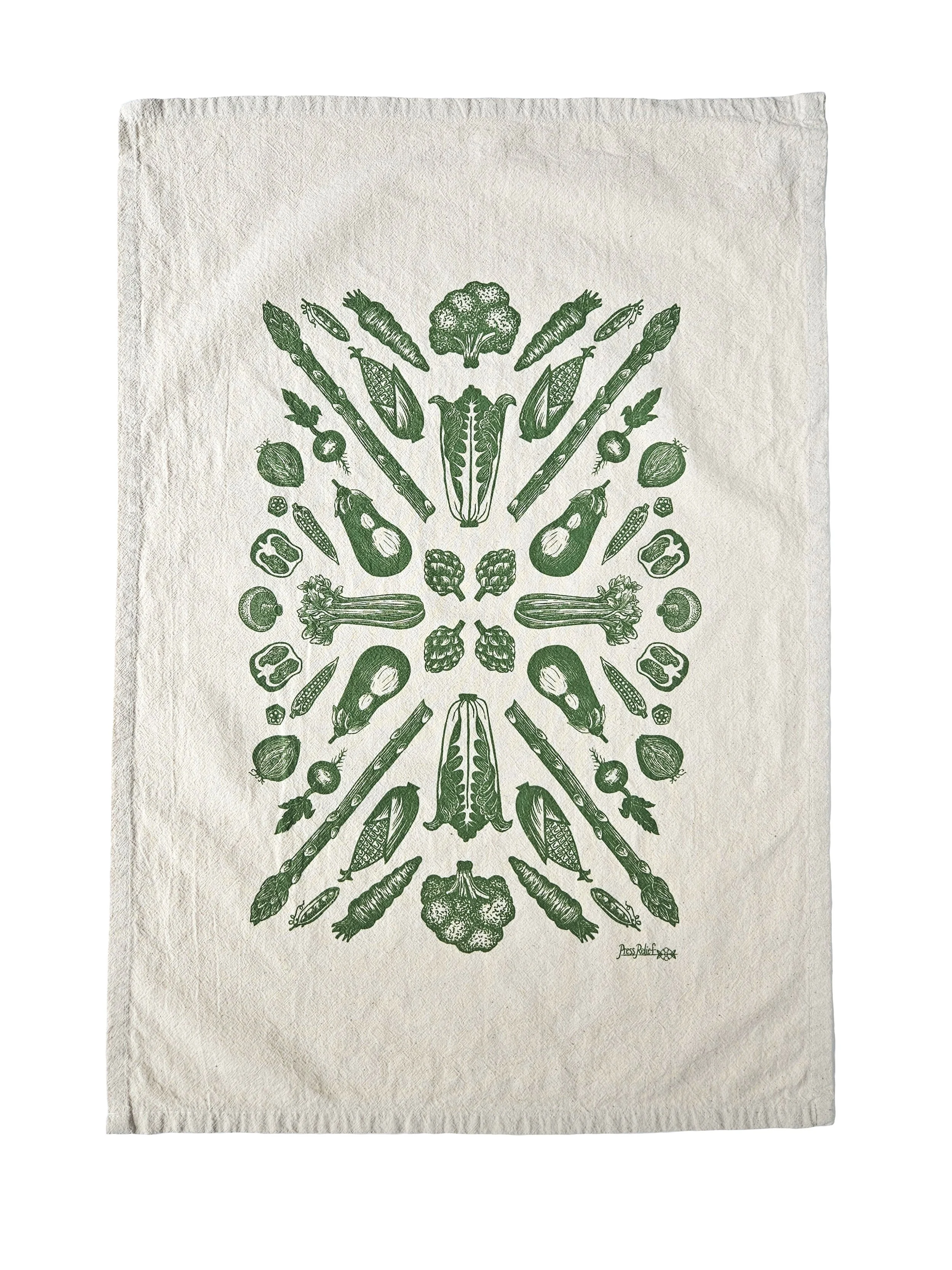Screenprinted vegetable pattern kitchen towel.