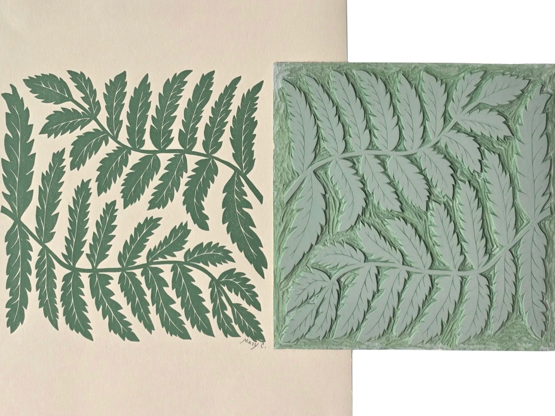 Handmade block printing process showing a nature-inspired fern leaves design that was printed on fine art paper from the hand carved block design next to it.