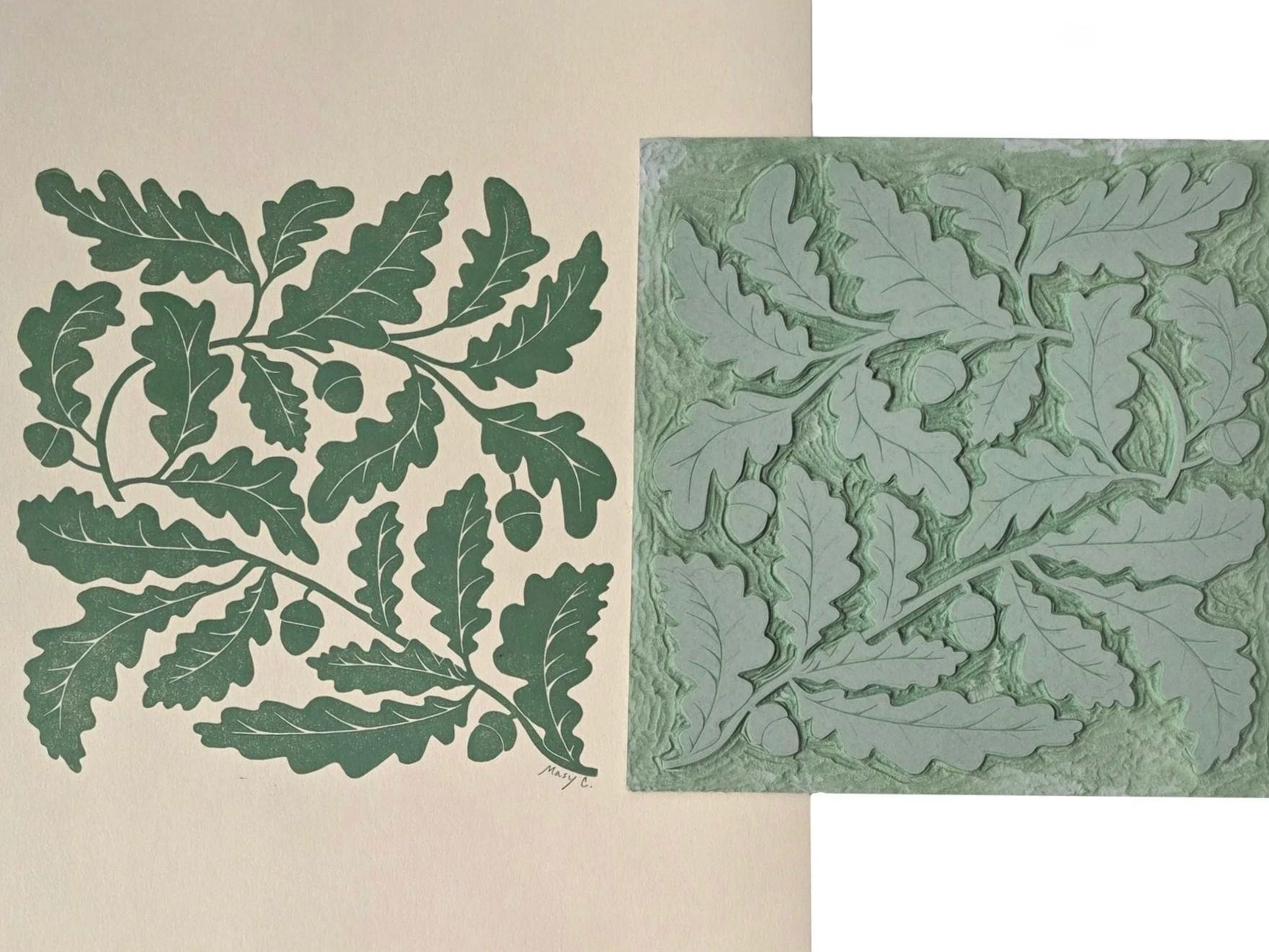Handmade block printing process showing a nature-inspired oak leaves and acorns design that was printed on fine art paper from the hand carved block design next to it.
