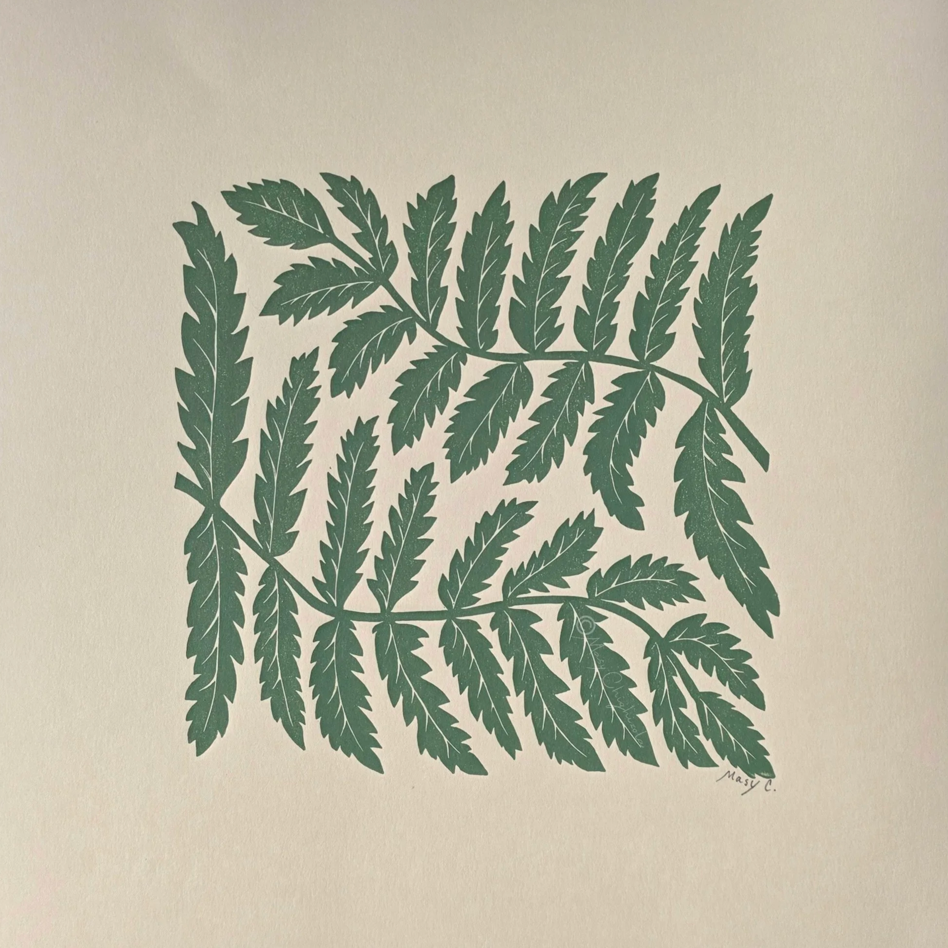 FNature-inspired 12x12 original block print featuring fern leaves, hand printed in olive green ink on beige fine art paper.