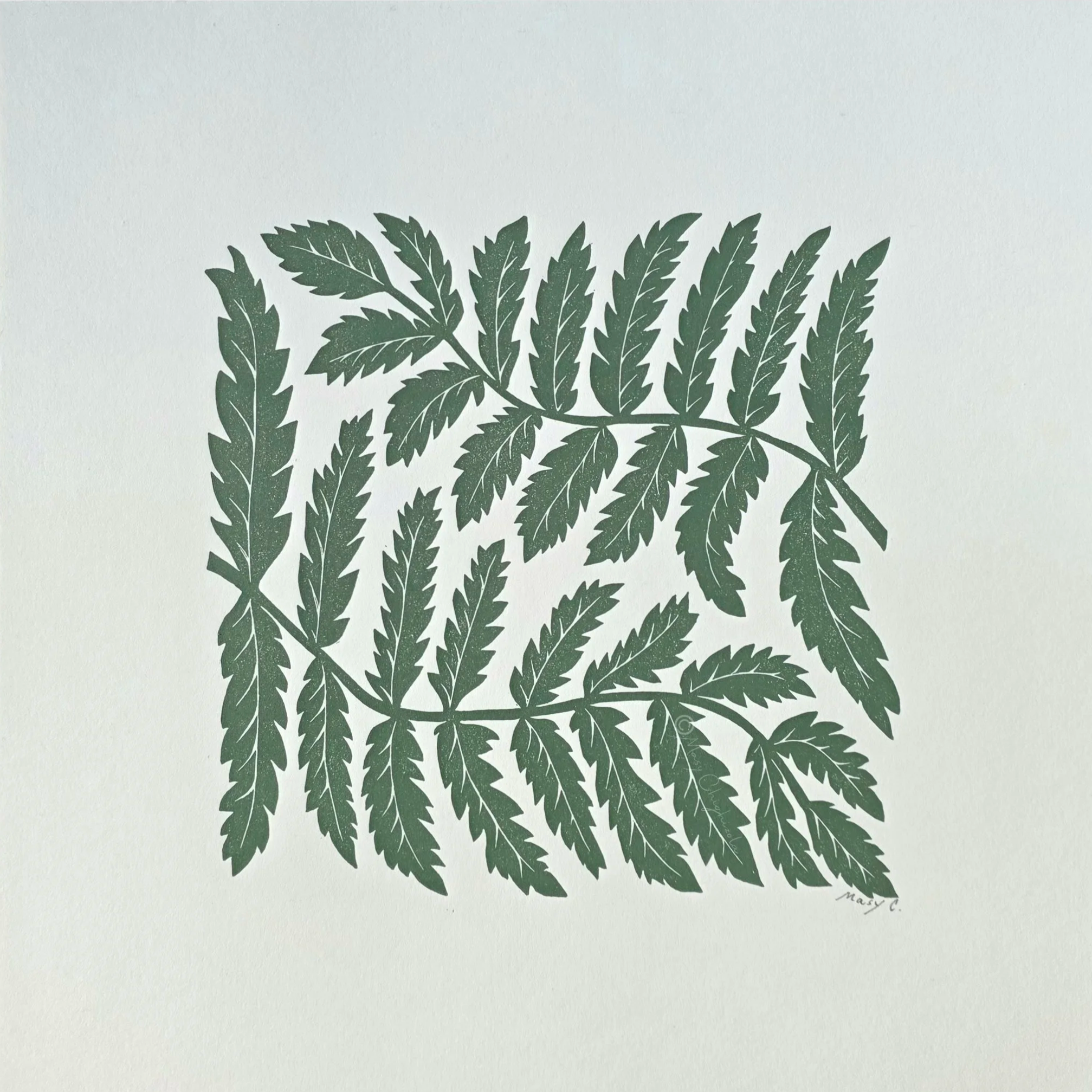 Nature-inspired 12x12 original block print featuring fern leaves, hand printed in olive green ink on off white fine art paper.