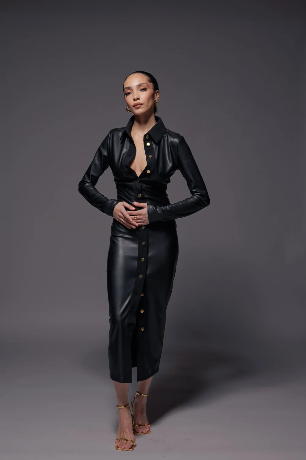 black long sleeve leather dress Faux Gothic Bodycon 50% Polyester Sizing Small (2 AS By DF The Lbd