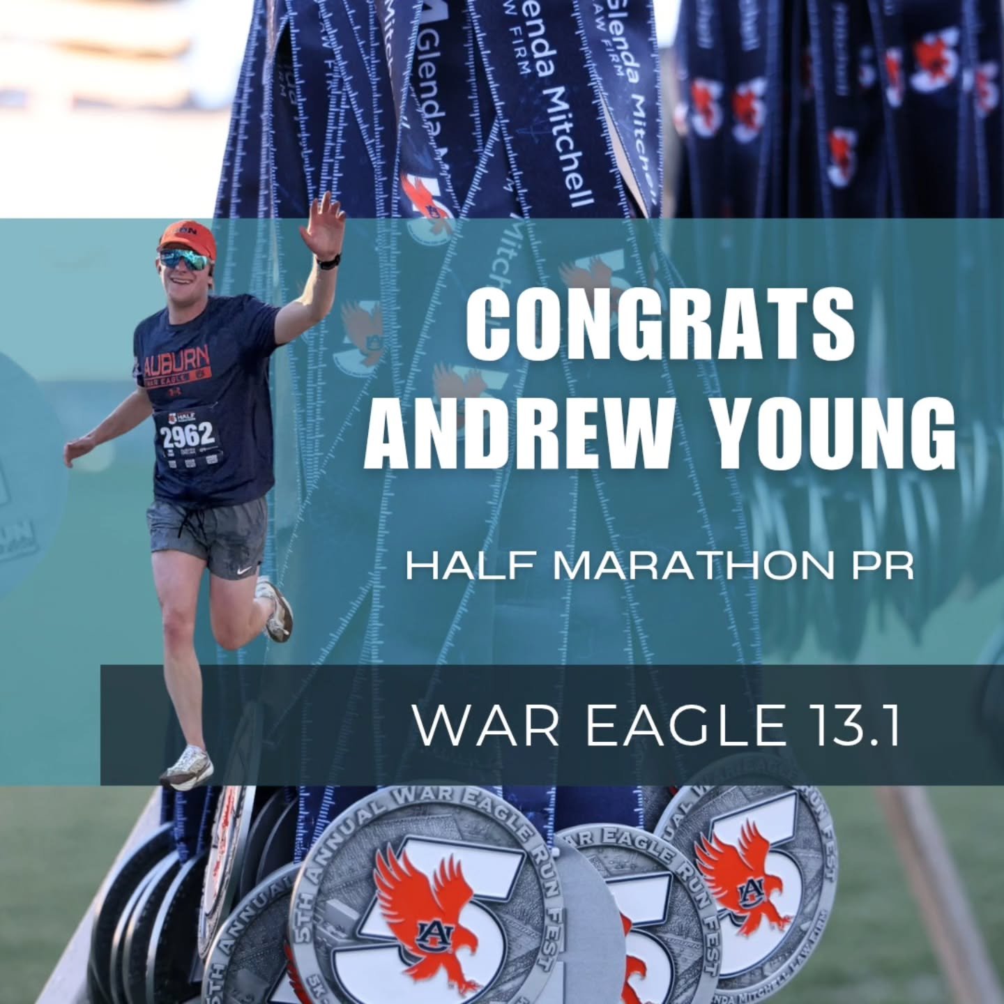 Congrats to Andrew for his awesome race this weekend! His training and mindset were right on target and it showed!  Crushed his half marathon time goals and finished in the Auburn football stadium! What a day!