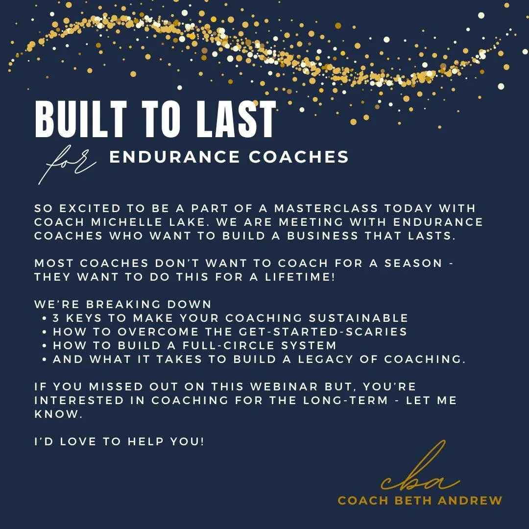 Hi, I&rsquo;m Beth. I&rsquo;m an endurance coachpreneur - showing other coaches how to connect, cultivate, create and celebrate their dream business. Follow me for more 4C!

I was so excited to be a part of a masterclass today with Coach Michelle Lak