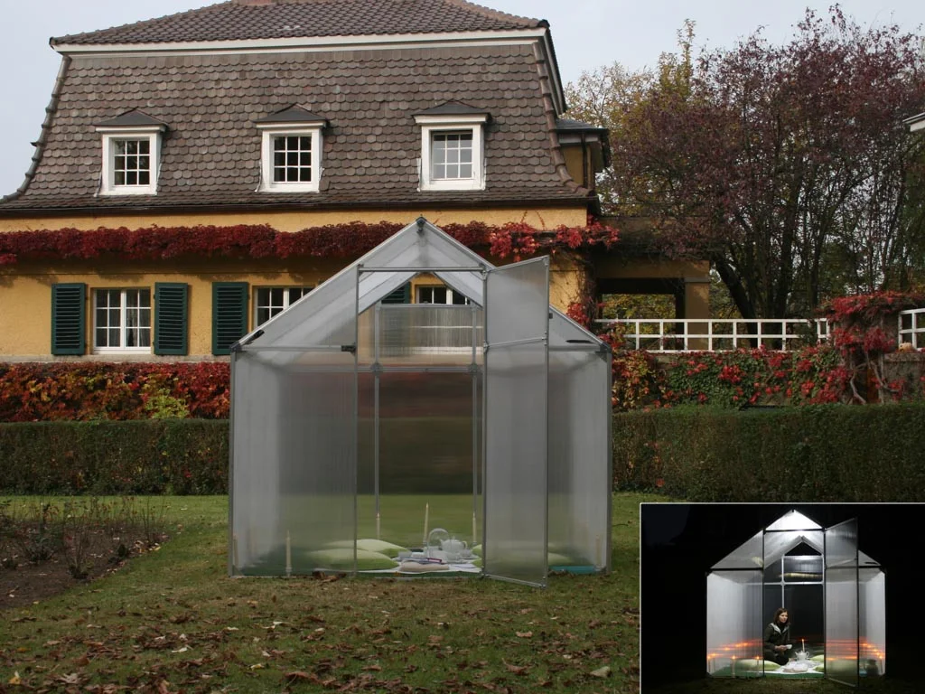 jasmine in winter , 2007. tea house installation in greenhouse in Darmstadt, Germany. Invitations to tea were sent and received, tea was served into the night.