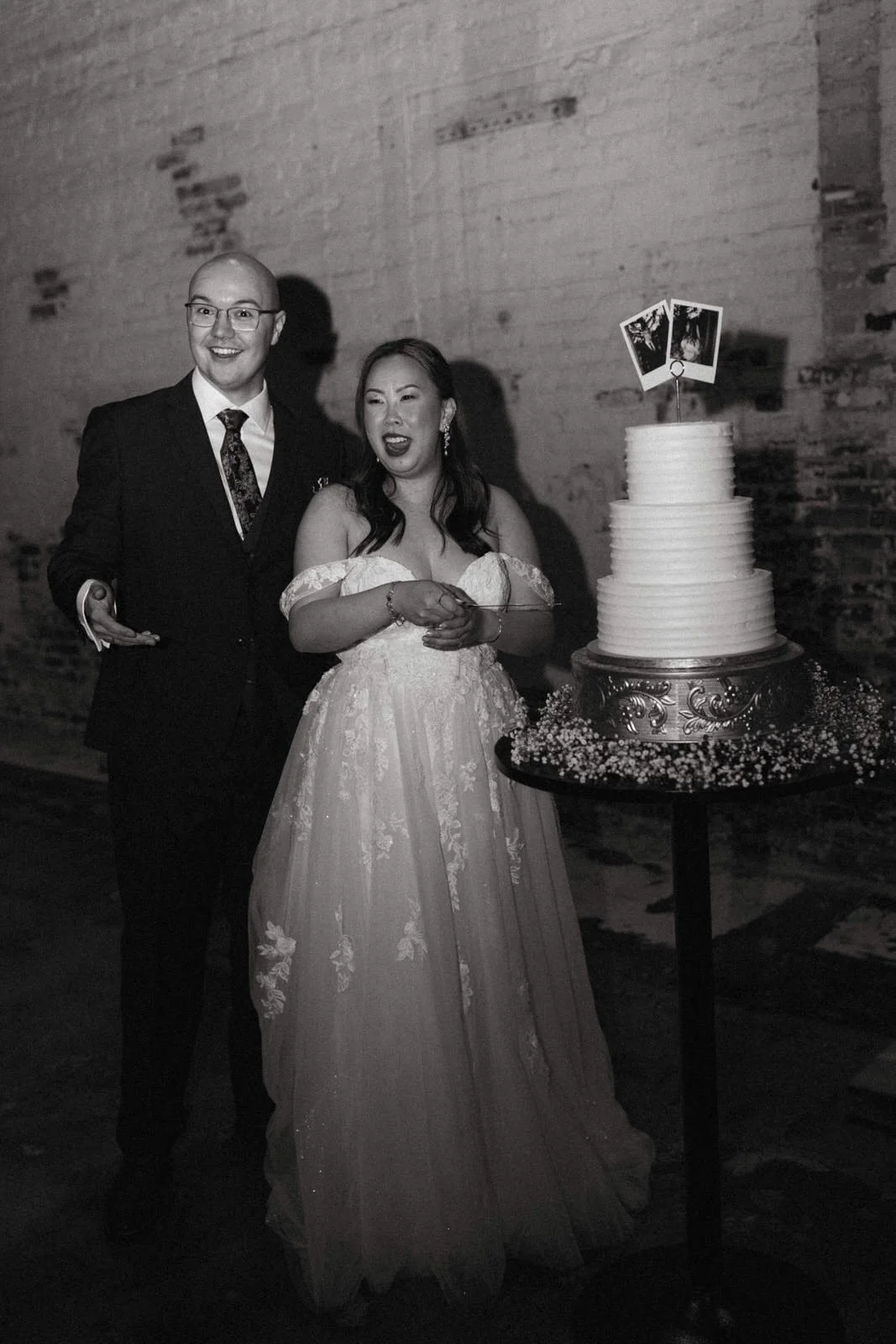 black and white wedding reception photo with flash photography