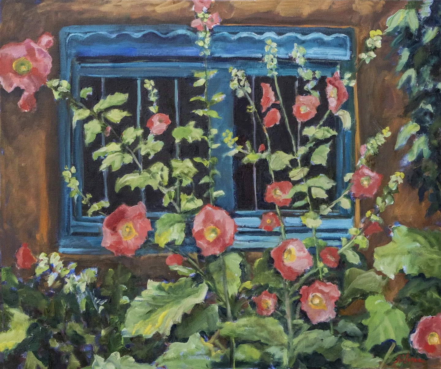 Blue window and hollyhocks.jpg