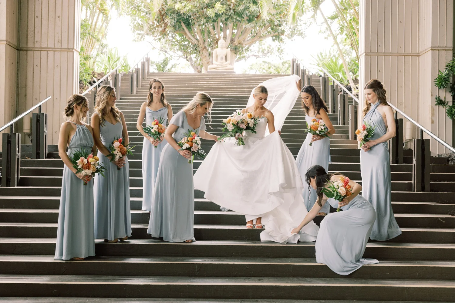 grey suits and blue bridesmaid dresses Organic Hawaiian Wedding