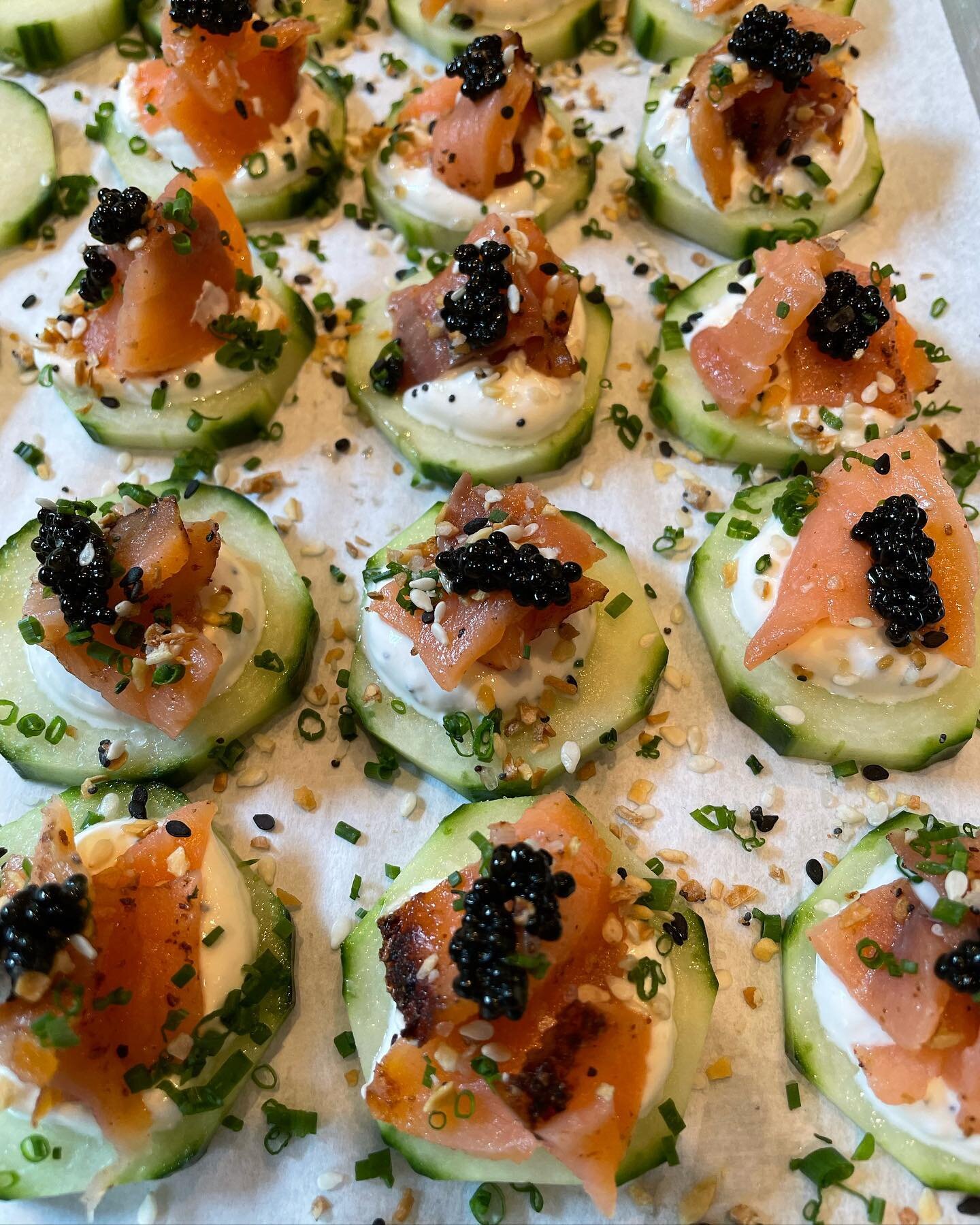 These were smokin&rsquo;!! 
Smoked Salmon &amp; Cucumber Stack * creme  fraiche * caviar * everything spice 
#HooplaCatering