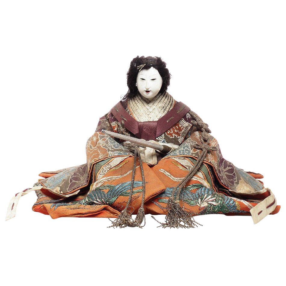 Japanese Taisho Doll With Silk Clothing And Powdered Face, Early 20th Century