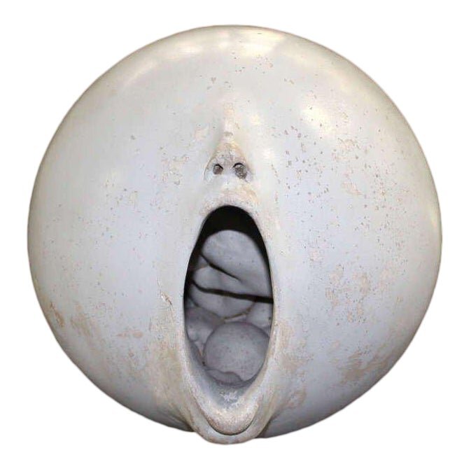 Mid Century Modern Ball Shape Face Open Mouth Pottery Sculpture Signed 1972